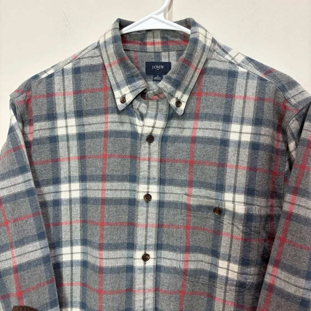 J Crew Men Plaid Flannel Button Down Shirt M Cotton Elbow Patch Dad Preppy Cabin